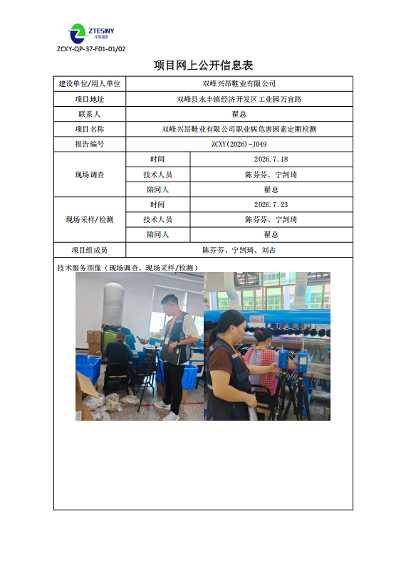 双峰兴昂鞋业有限公司职业病危害因素定期检测