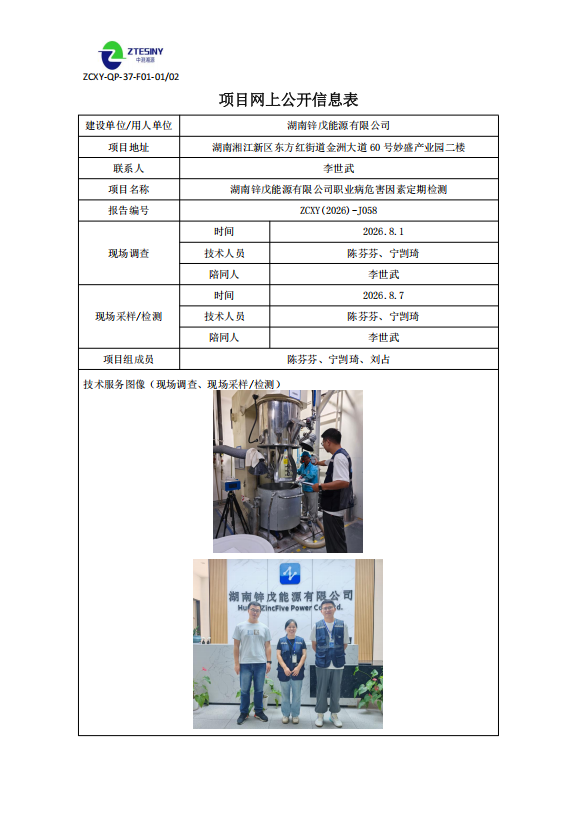 湖南锌戊能源有限公司职业病危害因素定期检测